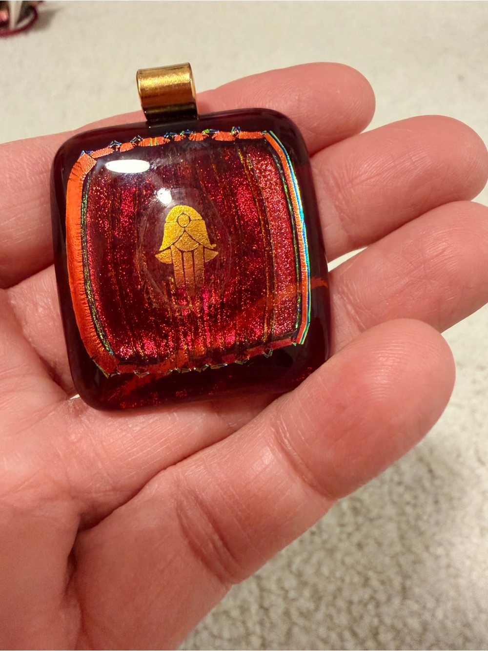Handmade Red Dichroic Glass Pendant Necklace with Gold Accent